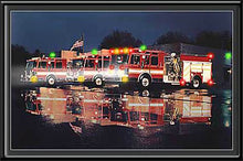 Load image into Gallery viewer, Local Heroes Night Run Fire Trucks by Electric Art Gallery