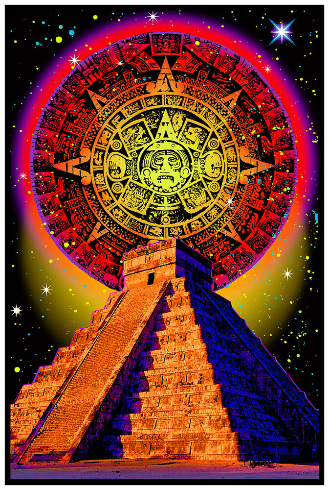 Mayan Temple Blacklight Poster - Black